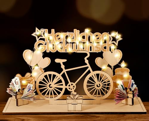 Giftota Original Fahrrad Geburtstag Geldgeschenke Holz mit LED Lichterkette - Geldgeschenk Fahrrad für Radfahrer, Freunde, Familie - Fahrrad Deko