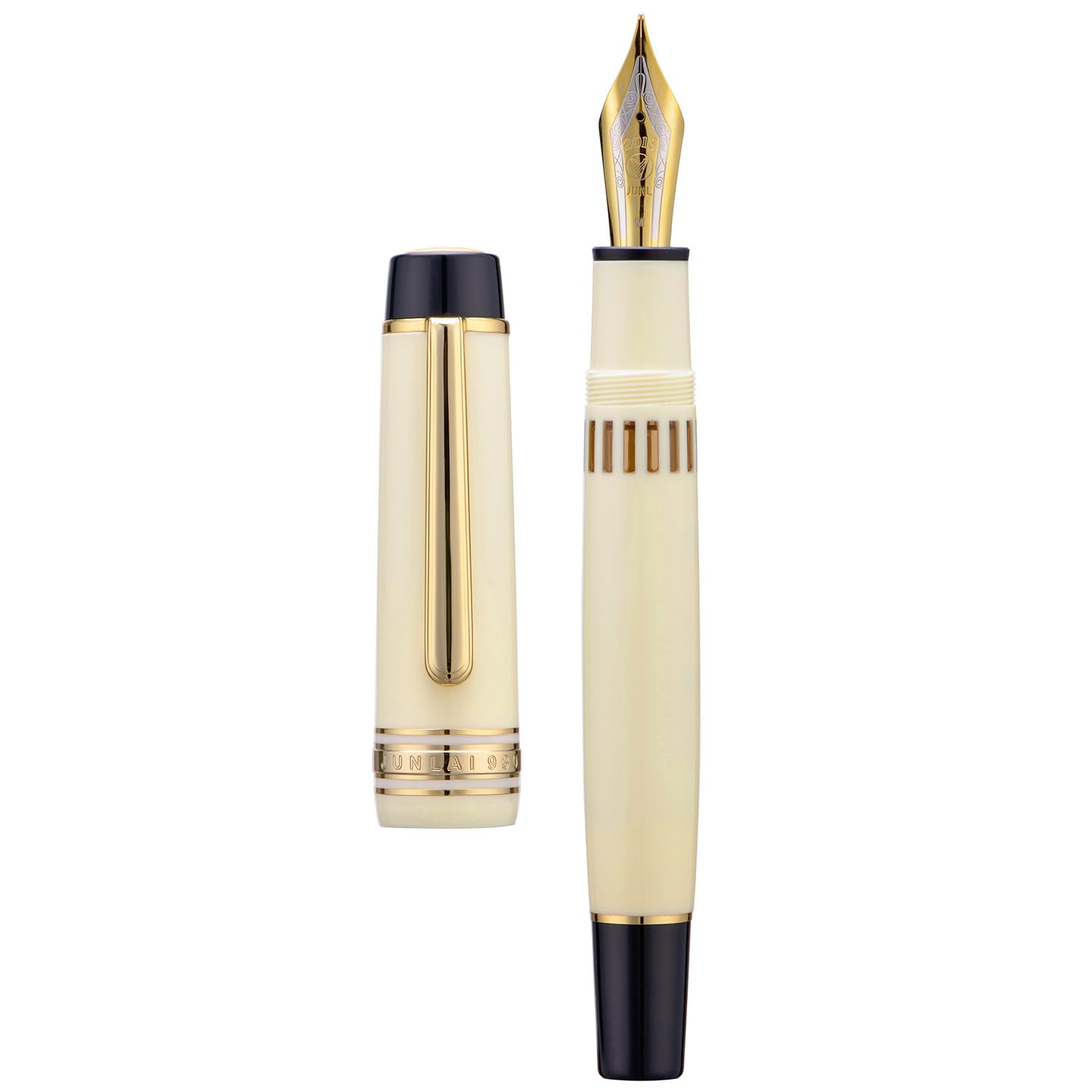 Wikult Yongsheng Junlai 930 Acrylic Fountain Pen, Size 9 Broad Nib with Piston Filling System, Ivory White Fence Ink Tank with Flat Top Design Smooth