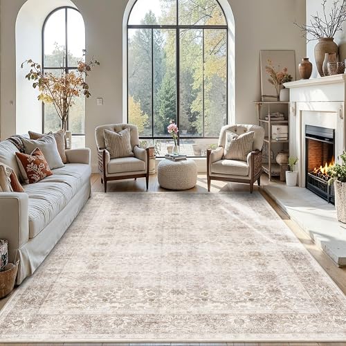 Image of 8x10 Beige Washable Area Rug Vintage Rug for Living Room Bedroom Low Pile Soft Non-Slip Boho Neutral Floral Rug for Under Table Distressed Retro Carpet for Bedroom Office Dining Room