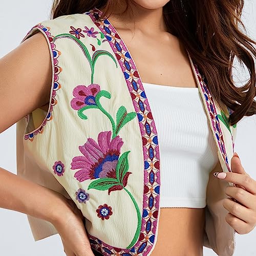 Image of Women Vintage Floral Embroidered Vest Y2K Sleeveless Open Front Cardigan Boho Linen Cropped Waistcoat