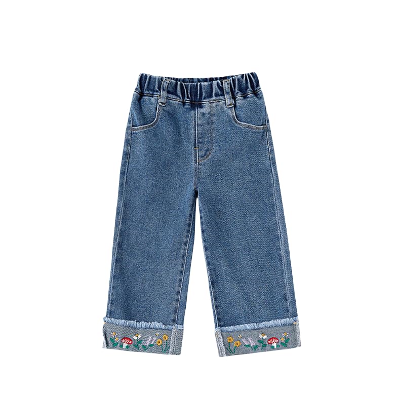 Girls Jeans Stretch Elastic Waistband Pockets Ripped Printed Straight Leg Fashion Breathable Outdoor Casual Pants