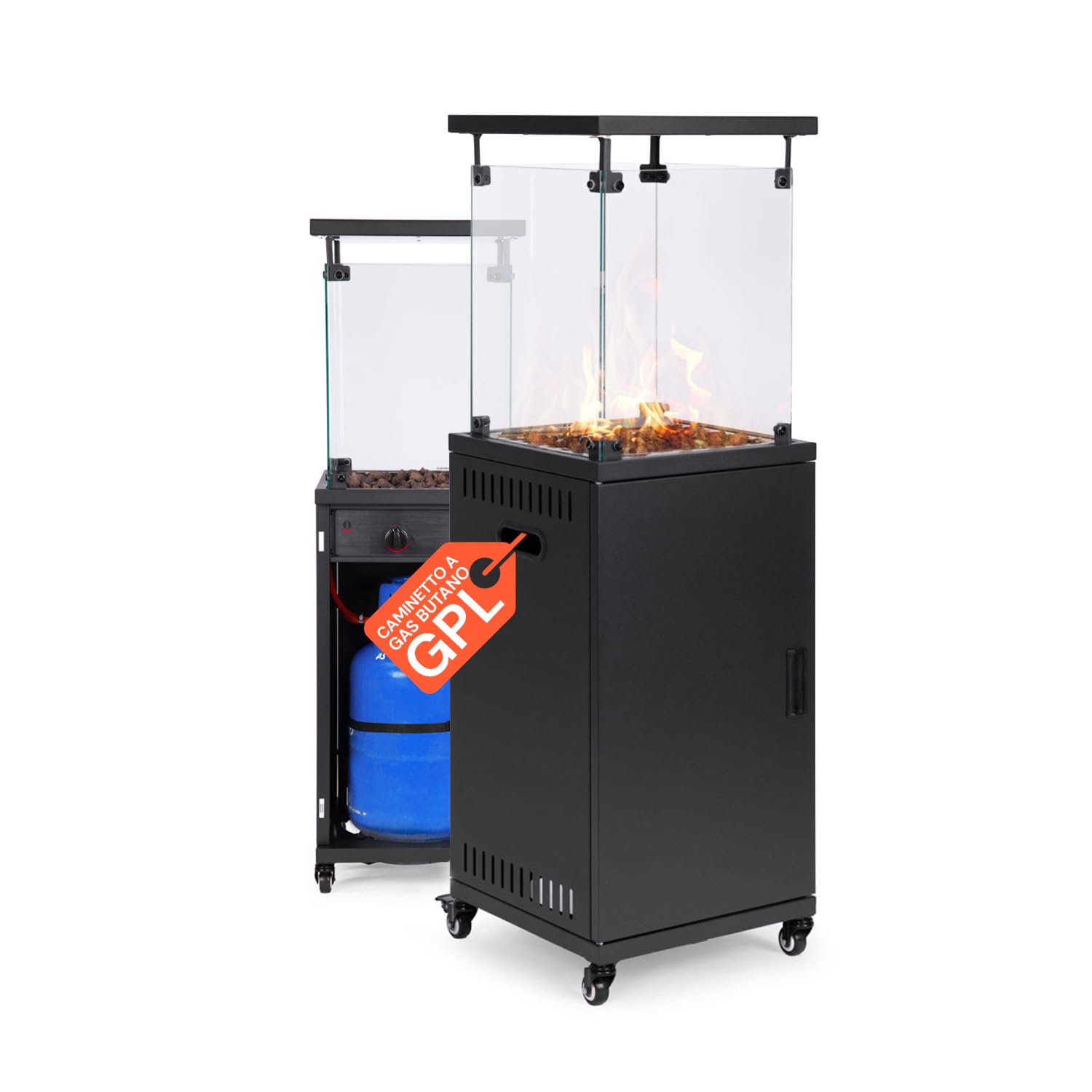 Wintem Caminetto a Gas da Esterno Nero 12 kW 15 m² Accensione Piezoelettrica Roccia Lavica Ruote