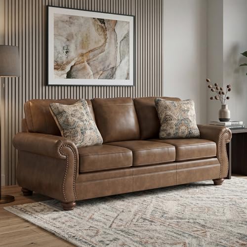 Image of Signature Design by Ashley Shadsburne Rustic Faux Leather Sofa with Nailhead Trim and 2 Throw Pillows, Brown