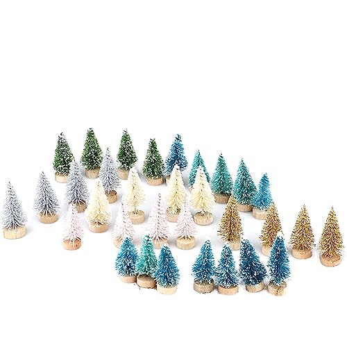 TITA-DONG Lot de 32 Mini Sapins de Noël Artificiels Multicolores, Mini Sapins de Noël, Sapins Miniatures en Sisal avec Base en Bois pour Décorations de Table de Noël, Bricolage(32 pièces)