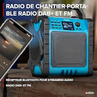 Audizio Temi Radio de Chantier Dab+ avec Batterie - IP54, Bluetooth 5.0, Autonomie 8H, FM, 40 Stations Enregistrables, Entrée AUX, Idéal pour Écouter Vos Stations Préférées Lors de Vos Chantiers