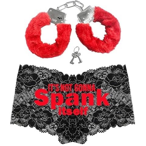 RhinestoneSash Funny Gifts for Women - SET OF 2: Red It's Not Gonna Spank Itself Black Boyshort Panty & Red Faux Fur Handcuffs - Naughty Gift for Wife - Medium - Black Cover