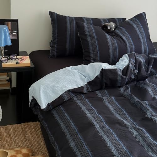 Image of Navy Blue Striped Puffy Textured Duvet Cover Set,Twin XL Size | Boys Minimalist Modern Vertical Stripes Bedding Set for Contemporary Bedroom