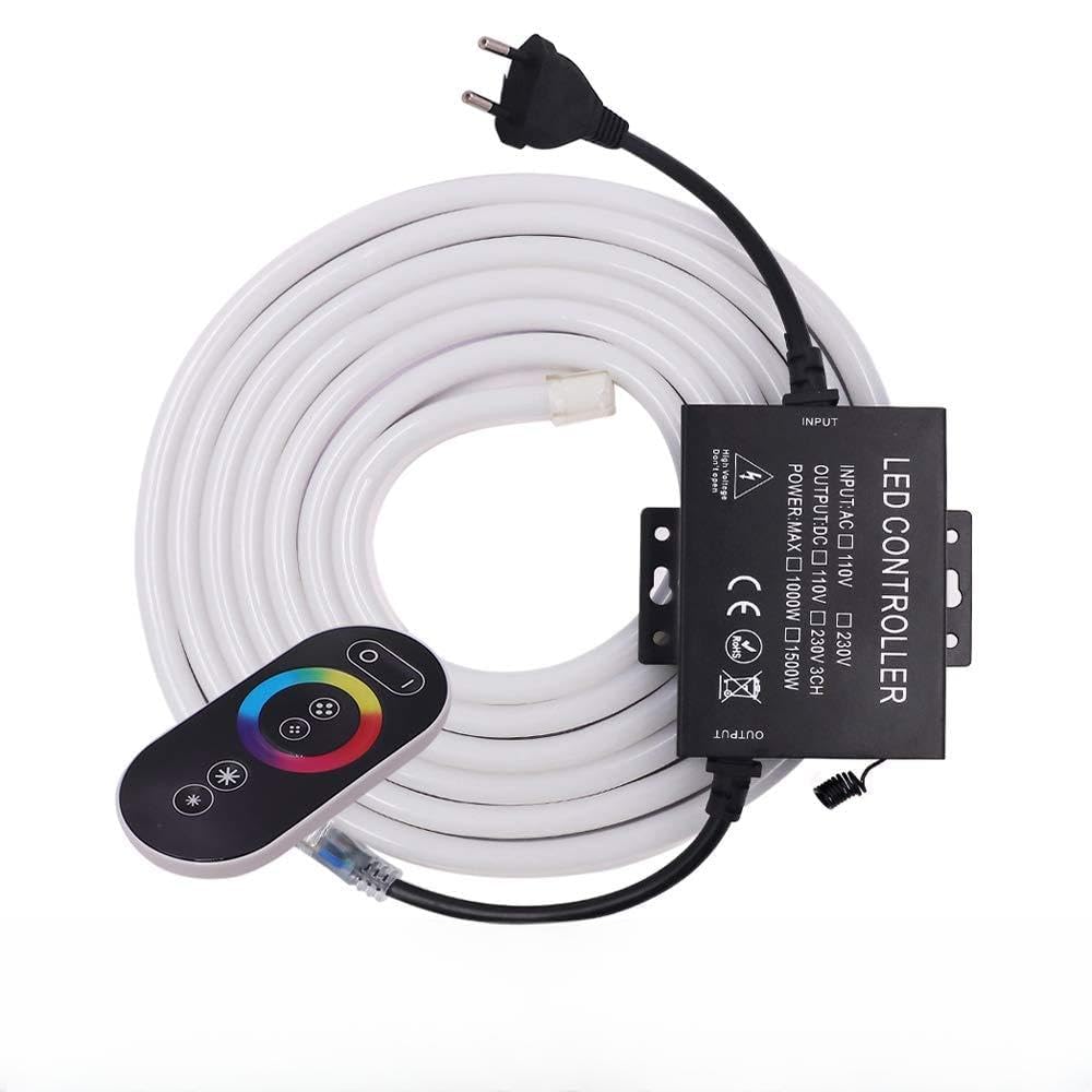 XUNATA 220V Flexible LED Neon Flex, 5050 60 LEDs/m RGB Tira LED + Toque Control Remoto, IP67 Impermeable Interior Intemperie Escalera de Techo Luces Decoración (25m)