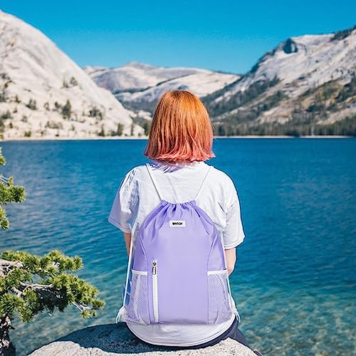 Image of WANDF Drawstring Backpack Sports Gym Sackpack with Mesh Pockets Water Resistant String Bag for Women Men (Purple)