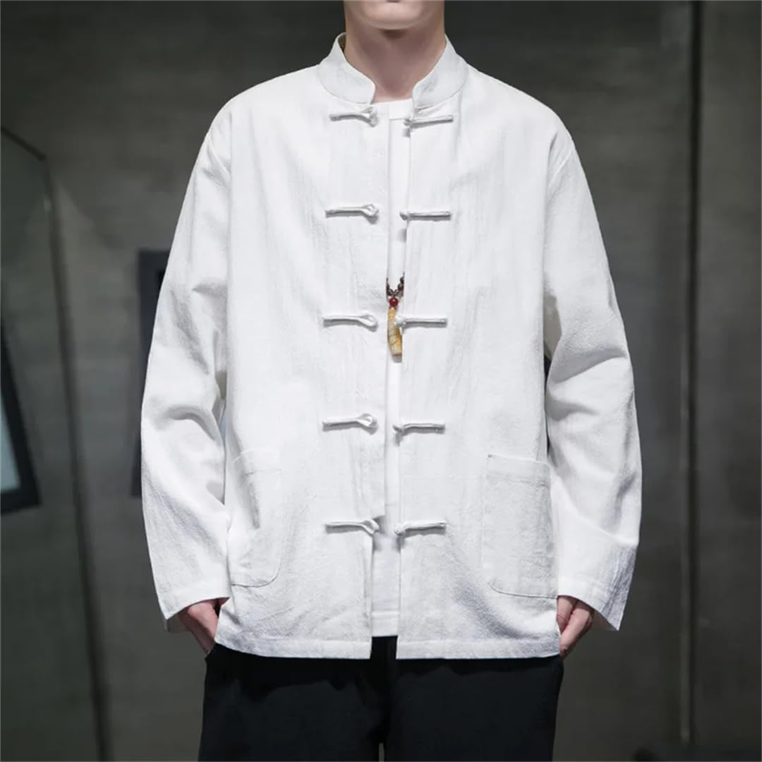 Men's Cotton Linen China Style Jacket Solid Color Kung Fu Loose Buttons Long Sleeve Coat