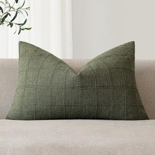 Foindtower Set of 1 Decorative Linen Check Throw Pillow Cover Neutral Farmhouse Lumbar Cushion Cover Modern Boho Home Decor for Sofa Chair Couch Bedroom Living Room,12×20 Inch,Olive Green