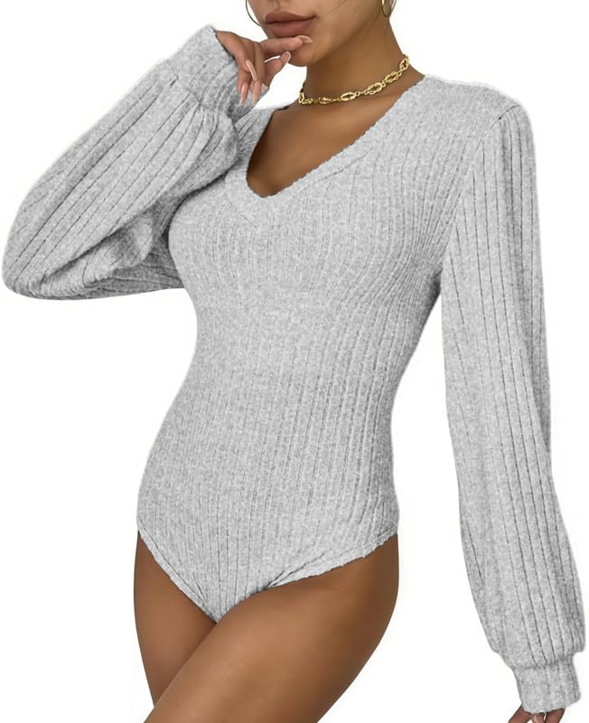 Sukiglam Body Damen Langarm Bodysuit Hoher/V Ausschnitt/Stehkragen Leotard Top Elegant Rippenstrick Bodys Oberteil Stretch Gerippt Bodysuits Einteiler Langarmshirt Thermo Blusebody für Frauen