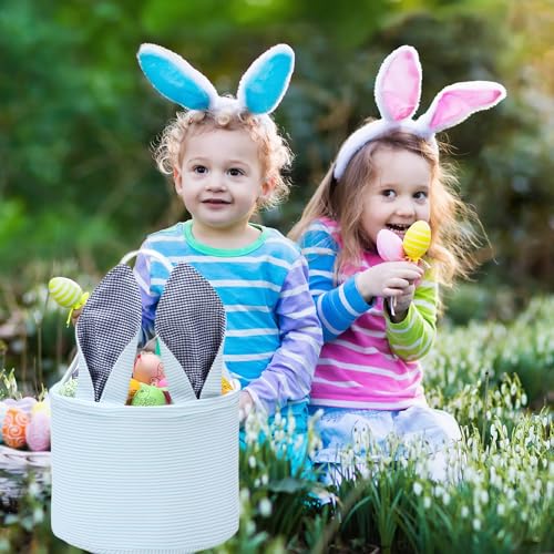 Image of Easter Basket Seersucker Egg Hunt Bunny Baskets for Kids with Cute Rabbit Ears Stripe Storage Gifts Candies Personalized Easter Party Gifts