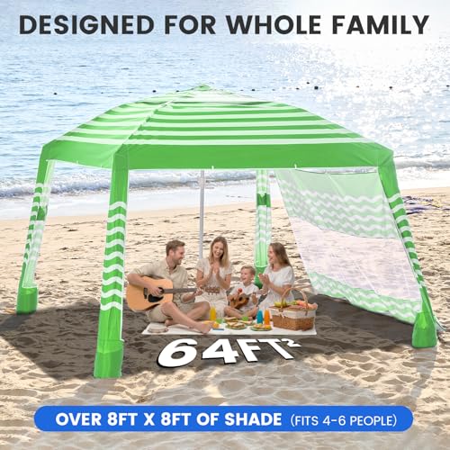 Zeraty Beach Cabana 8'×8', Portable Beach Canopy with Side Wall, UPF 50+ Silver-Coated Beach Tent Sun Shelter Easy Pop Up, Wind Resistant Adjustable Height Beach Umbrella Tent for Family, Green — view 4