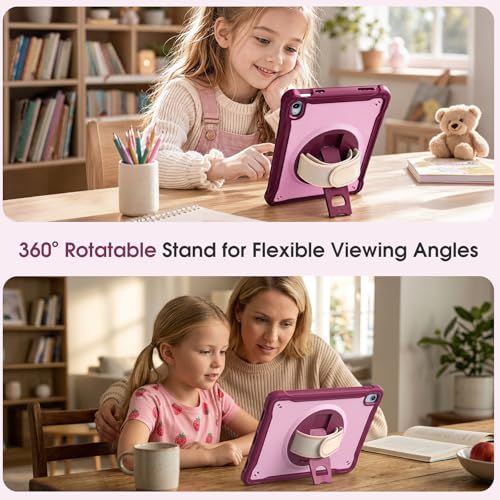 ProCase Kids Case for iPad A16 11th Gen 11" 2025/iPad 10th Gen 10.9" 2022 with Screen Protector, Fully-Body Shockproof Rugged Protective Cover with Rotatale Stand Hand/Shoulder Strap -Raspberry — view 3