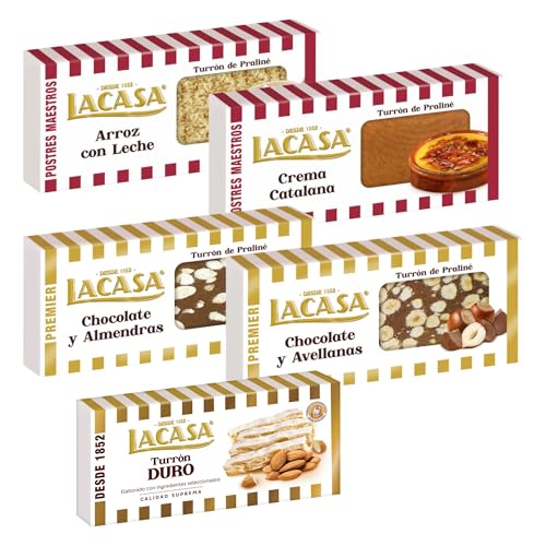 Surtido Turrones Lacasa: 5 tabletas de turrón variadas: Duro, Chocolate y almendras, Arroz con leche, Crema catalana y Chocolate y avellanas