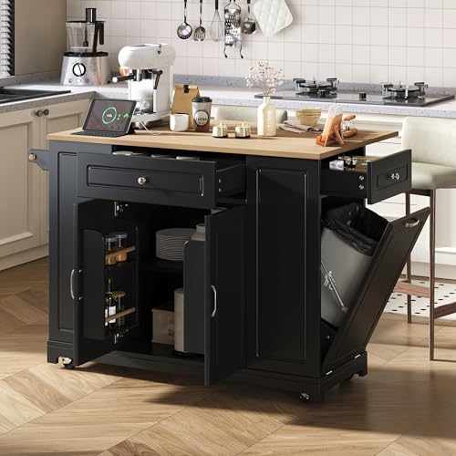 NuvlaGu Isla de cocina con ruedas, encimera extensible de 112 a 180 cm, con compartimento separador de basura y estante para especias, aparador móvil y comedor para cocinas pequeñas, 7 ruedas (negro +