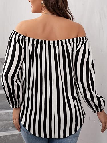 Makemechic Women's Plus Size Striped Off Shoulder Long Sleeve Tie Front Blouse Top Black And White 3Xl #TOP1