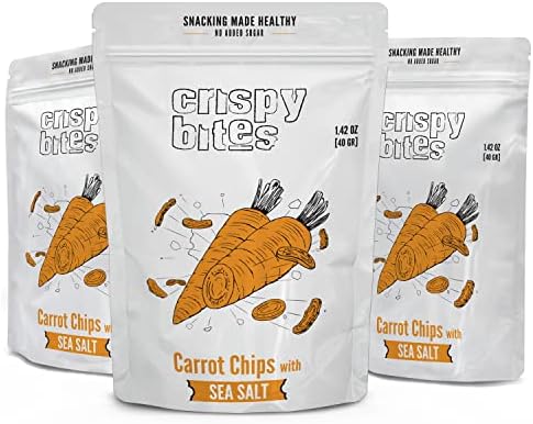 Baked Carrot Chips, Oven Baked No Oil Added, Vegetable Crisps, No Sugar Added Gluten Free Healthy Snack, Vegan, Veggie Snack Pack, Salad Topper, Sea Salt, 1.42oz Sealable Bags, Pack of 5