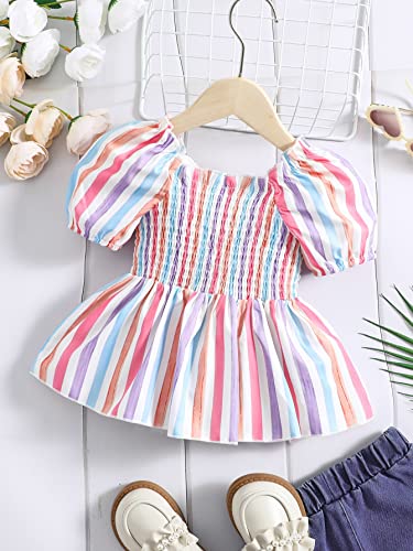 Sweatyrocks Girl's Puff Short Sleeve Striped Print Square Neck Cute Peplum Blouse Tops Multicolor 5Y #TOP1