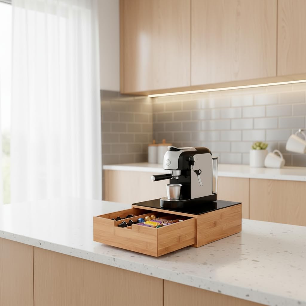 BRICOZONE Cassetto Porta Cialde in Bambù Con Ripiano in Vetro Organizer Per Capsule Caffè Con 4 Scomparti Salvaspazio Elegante Per Angolo Caffè