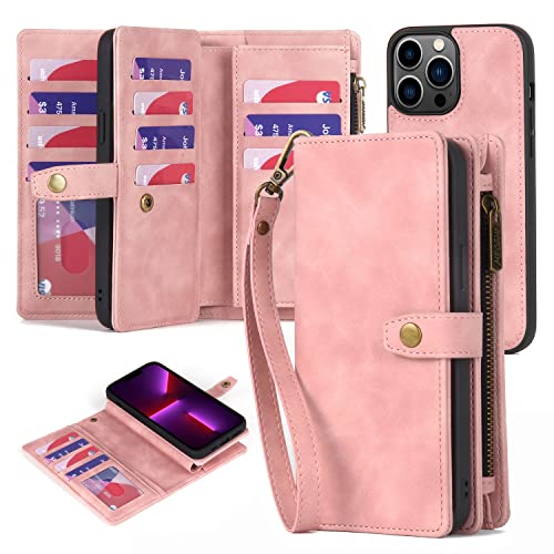 TwoHead for iPhone 13 Pro Max Wallet Case with 11 Card Holders,Pink