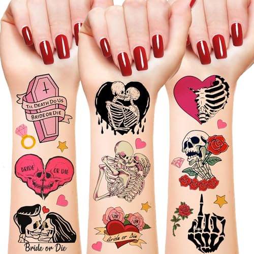 192 PCS Til Death Do Us Temporary Tattoos Stickers Gothic Halloween Sticker for Bridal Shower Supplies Bride or Die Bachelorette Party Decorations Gifts Ideal Prizes Valentine (16 Sheet)