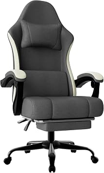 Gaming Chair, High Back Fabric Computer Chair with Pocketed Spring Cushion and Footrest, Height Adjustable Game Chair with Headrest and Lumbar Support Beige & Gray