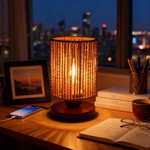 Handmade Rattan Lamp Boho Table Lamp for Bedroom, Small Woven Lamps for Night Stands with Warm White LED Bulb, Coastal Boho Lamp for Living Room Reading Nook Office Desk, 12cm Shade 20cm Height