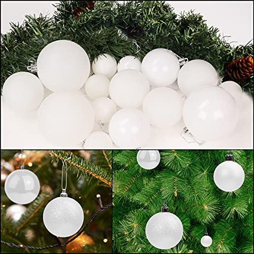 Belle Vous 50 Pack Christmas Baubles - Assorted Size Glittery White Baubles with Star Tree Top - Xmas Tree Ball Hanging Ornaments for Christmas Decorations Holiday Party Indoor & Outdoor Decorations