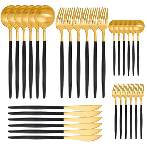 AIBAOBAO 30 teilig Besteckset für 6 Personen, Besteckset, Besteck aus Edelstahl mit Messer Gabel Löffel, Schwarzes Gold Besteck Set, Gabeln,...