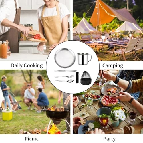 Camping Geschirr 1 Person - Camping Besteck Set 7 Teilig, Wiederverwendbarer Edelstahl Becher, Teller und Gabel, Löffel, Bestecktasche, Campinggeschirr für Outdoor Wandern und Picknick Zubehör – Bild 4
