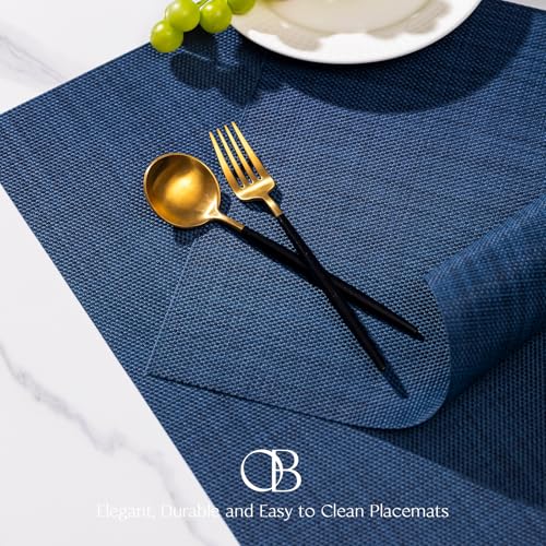 Image of Placemats Set of 4 - Easy Clean Woven Vinyl Placemats for Dining Table, Indoor /Outdoor Place Mats, Washable PVC Table Mats (Navy Blue)