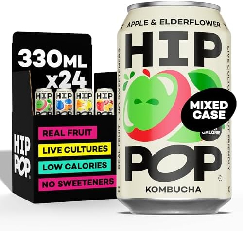 Hip Pop Kombucha Variety Case, Packed with Real Fruit & Living Cultures, Natural Ingredients, No Sweeteners, Low Cal. 24 x 330 ml