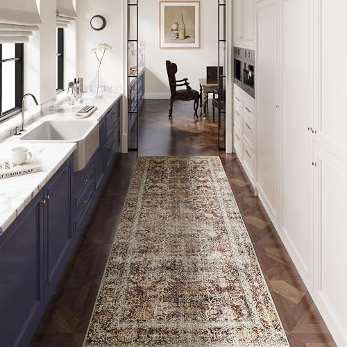 Brown Runner Rug 3x7 Vintage Area Carpet Hallway Long Indoor Kitchen Washable Living Room Low Pile Traditional Distressed Retro Accent Throw Rug Non Slip Laundry Bathroom Office Dining Room