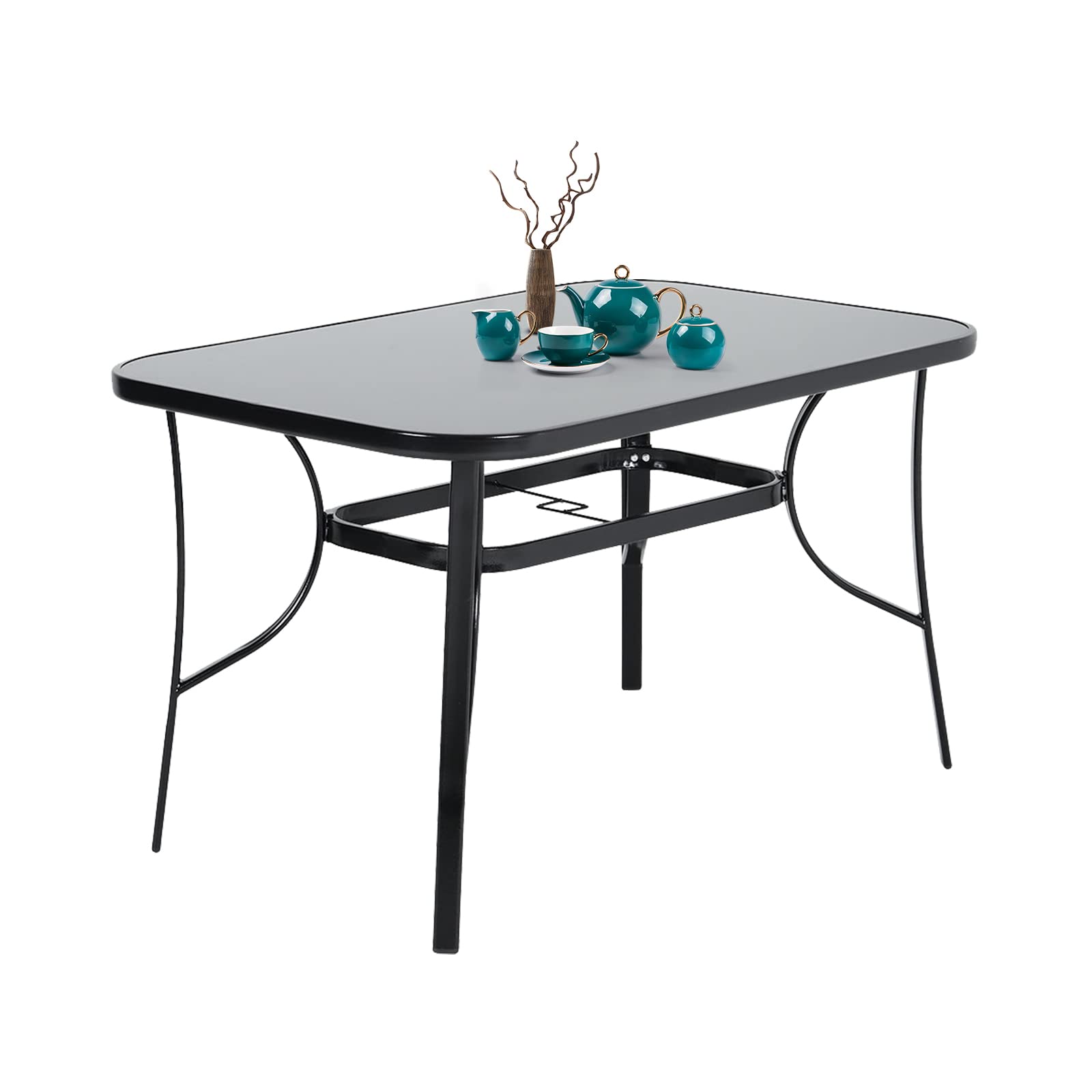DKIEI Rectangle Garden Dining Table Metal Glass Top Outdoor Table with Parasol Hole for Coffee Patio Bistro Black 120L x 80Wcm