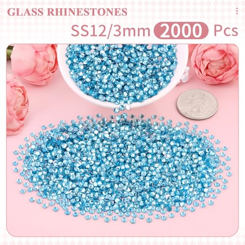 Image of 2000PCS SS12 /3mm Crystal Glass Rhinestones for Bedazzling (Aquamarine) | Flatback Rhinestones for Crafting DIY Nail Art Makeup Decoration, Gems Diomand Charms for Tumbler Shoes Clothing Mug