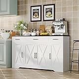 Modern Buffet Sideboard Kitchen Storage Cabinet With 3 Drawers, 55' Large Farmhouse Buffet Cabinet With Shelves and Doors, Wood Coffee Bar for Living Room Dining Room Hallway (White Black)