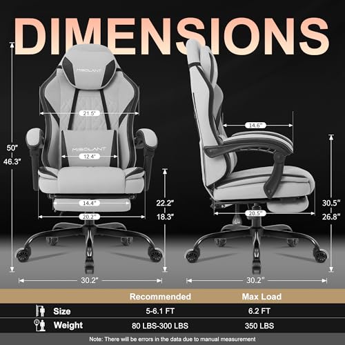 Image of Misolant Gaming Chair, Fabric Gamer Chair with footrest for Adults, High Back Ergonomic Computer Game Chair with Adjustable Headrest and Massage Lumbar Support, 90-155 Recline Free, Gray
