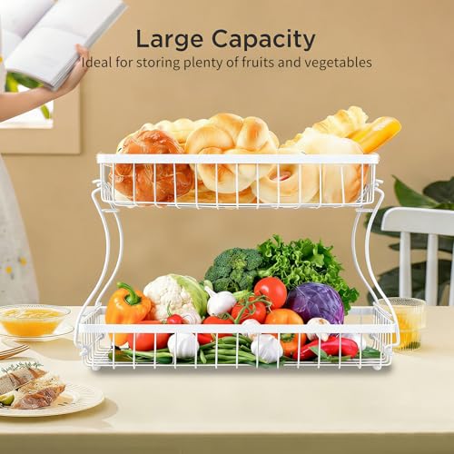 VINATO Obstkorb, Obst Etagere 2 Stöckig mit Holzgriffen für Küche, Bad & Mehr – Obstständer, Gemüse & Küchenorganisation,Organizer Snack