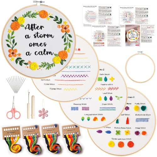 4 Pack Embroidery kit for Beginners Adults DIY Starter Kit, Cross Stitch Kits with Flower Stamped Patterns, Embroidery Hoop, Tools,Colorful Threads,Step by Step Instructions,Hand Craft Lover Gift
