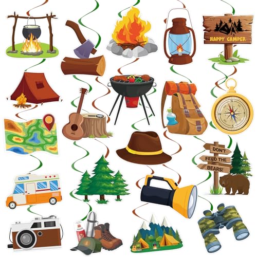 Image of 40Pcs Camping Hanging Swirl Decorations, Happy Camper Party Hanging Swirls Camping Adventure Bears Tent Telescope Sign Foil Swirls Ceiling Decorations for Camping Birthday Baby Shower Party Decor