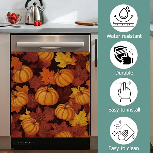 Image of Thanksgiving Pumpkins Dishwasher Covers for The Front Magnetic, Autumn Maple Leaves Refrigerator Magnets Decoration,Reusable Dishwasher Cover Panel for Home Kitchen Decor 23x26 Inch