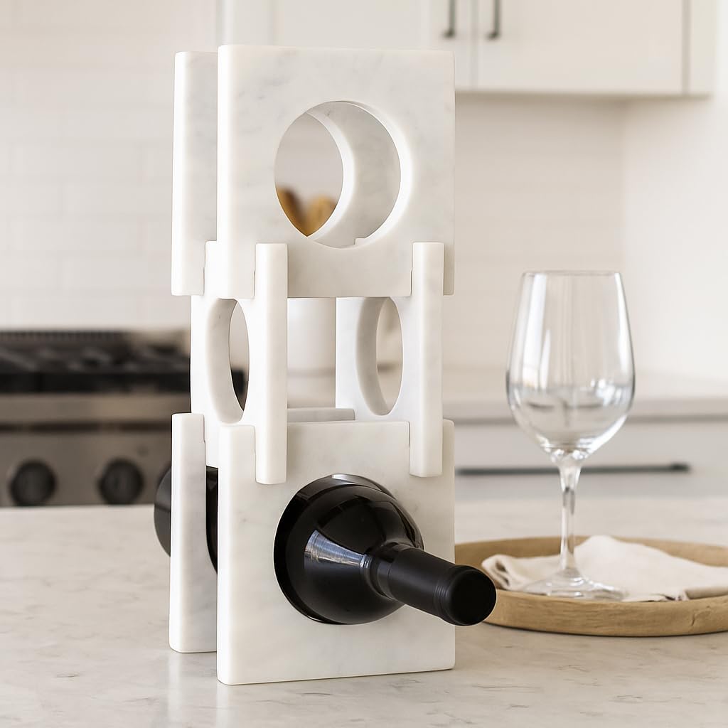 Decorative Marble Wine Holder for Home Decor - Modern Wine Bottle Rack Storage for Bar Accessory, Accent Table, or Cabinet Organizer - Decorative Wine Holder for Bar Cart or Dining Room - 17", White