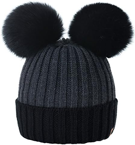 MFAZ Morefaz Ltd Women Ladies Winter Beanie Hat Knitted Chunky with Double Faux Fur Pom Pom