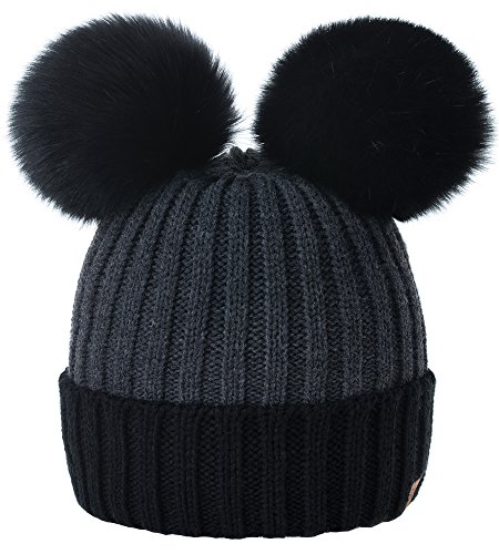 Image of Women Ladies Winter Beanie Hat Knitted Chunky Beanie Hat with Double Faux Fur Pom Pom MFAZ Morefaz Ltd (Black Dark-Grey)