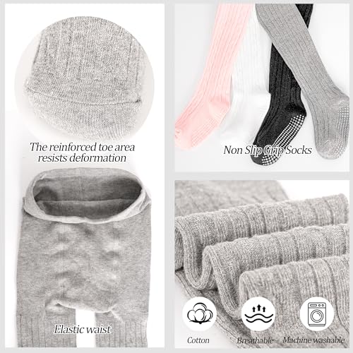 3 Pack Toddler Tights, Non Slip Baby Tights for Girl (6 months-6 years), Knit Cotton Pantyhose Black White Pink Grey3