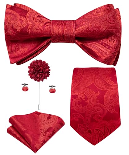 Image of Hi-Tie 5Pcs Mens Solid Color Silk Tie Satin Pretied Bowtie Lapel Pin for Men Handkerchief Cufflink Wedding Gift Box