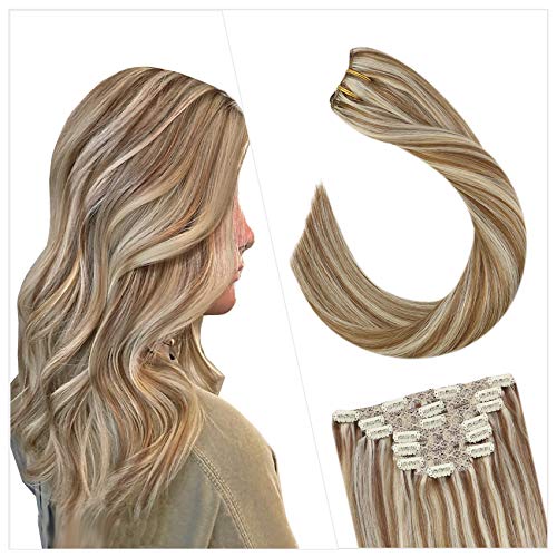 Light Brown with Bleach Blonde Highlighted Hair Extensions Clip in 14Inch Clip in Double Weft Hair Extensions 7PCS Clip in Remy Hair Extensions 100Gram