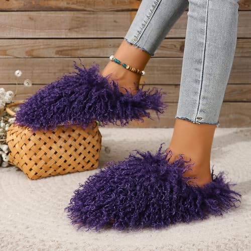 Image of Unisex Fuzzy Faux Fur Slippers, Women's Fluffy Long Hair Sheep Faux Fur Slip on Slides, Girls Luxury Big Fluffy Outdoor Flat Slippers, Long Curly Hair Non-Slip Warm Home Slide Shoes